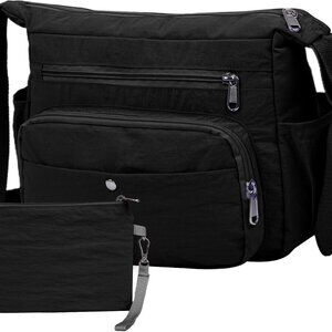 Women's Black Lightweight Water-Resistant Nylon Crossbody Bag with Multiple Pock